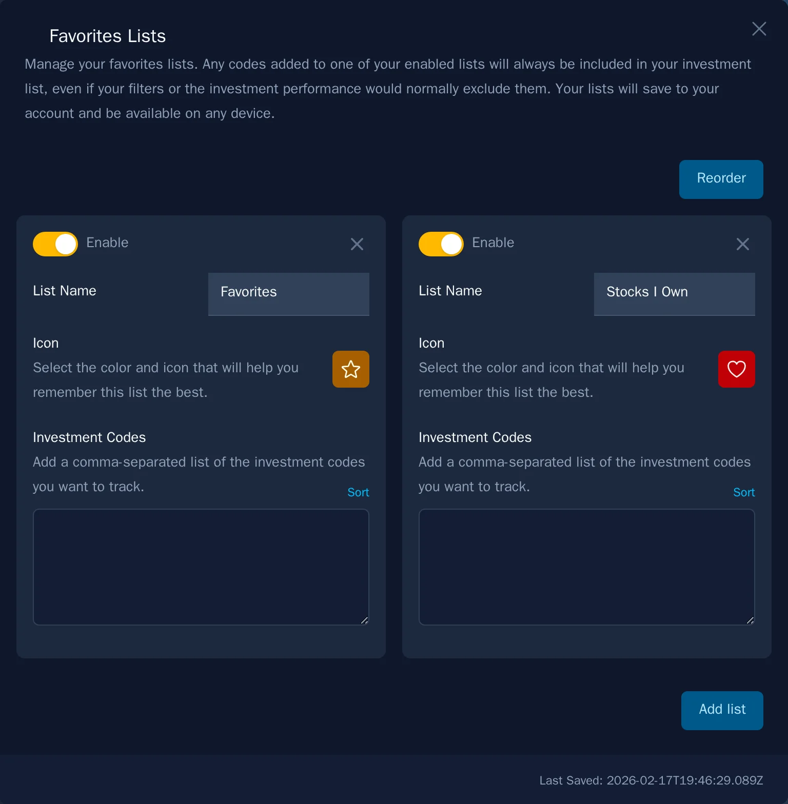 Favorites list settings panel showing a custom 'Favorites' list with a yellow star icon and a 'Stocks I Own' list with a red heart icon