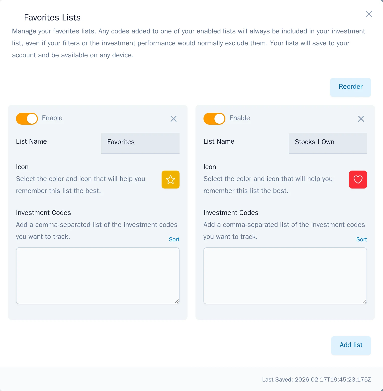 Favorites list settings panel showing a custom 'Favorites' list with a yellow star icon and a 'Stocks I Own' list with a red heart icon