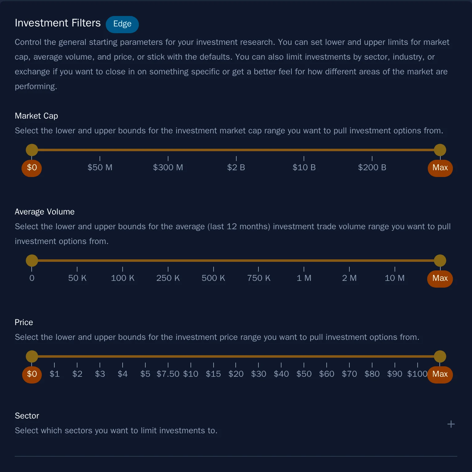 The investment filter sliders for market cap, average volume, and price