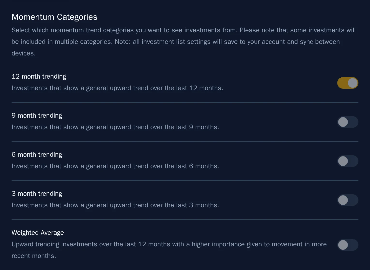 The settings panel showing momentum categories