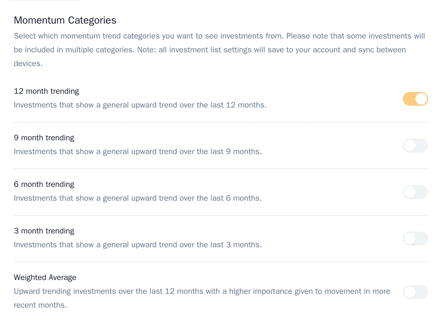 The settings panel showing momentum categories